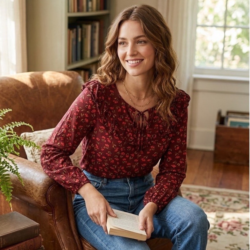 Sonoma Goods For Life Floral Ruffle Tie Neck Boho Blouse Maroon Size L Women